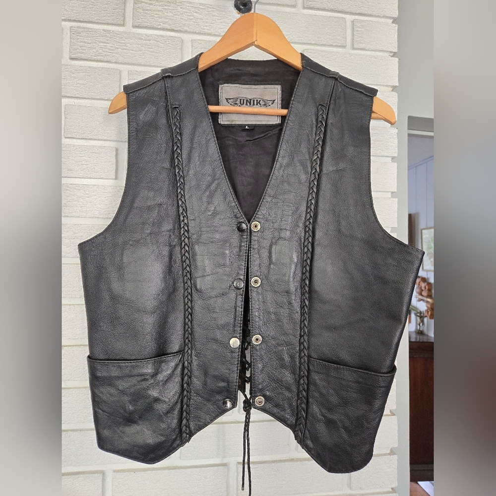 Black Leather Vest with Braided Details